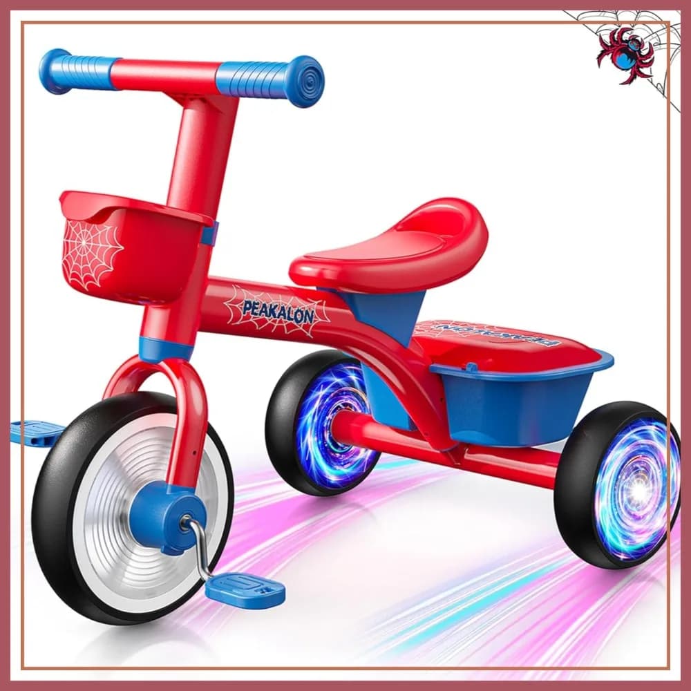 Bicicletta per Bambini Spider con Luci Colorate, Sedile Regolabile e Cestino Rimovibile, Giocattolo da Esterno per l'Equilibrio, per Bambini da 1 a 5 Anni