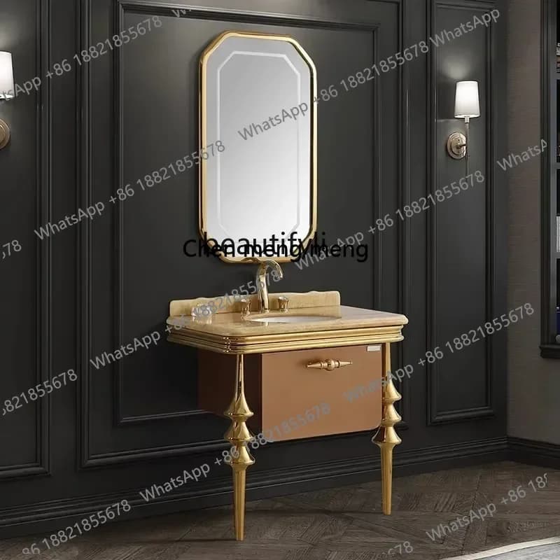Combinazione di Mobile da Bagno con Lavabo in Marmo, Specchio Intelligente e Lavandino in Stile Antico Europeo
