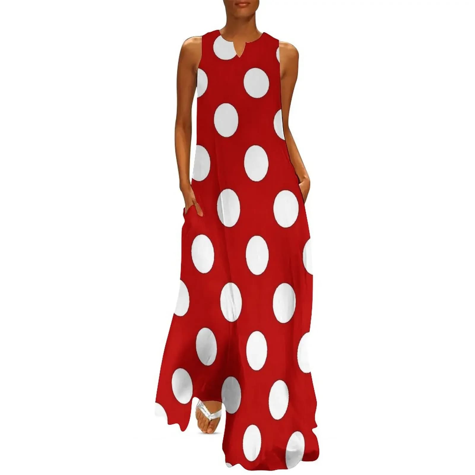 Women's Dress with Red and White polka dot print Maxi Dress with Sleeveless V neck Long casual beach dress with loose vest