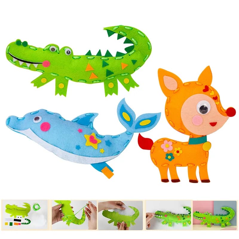 1 set animale del fumetto kit artigianale per cucire fai da te portachiavi per bambini mestiere cucito set educativo principianti cucito farcito feltro kit artigianale per cucire
