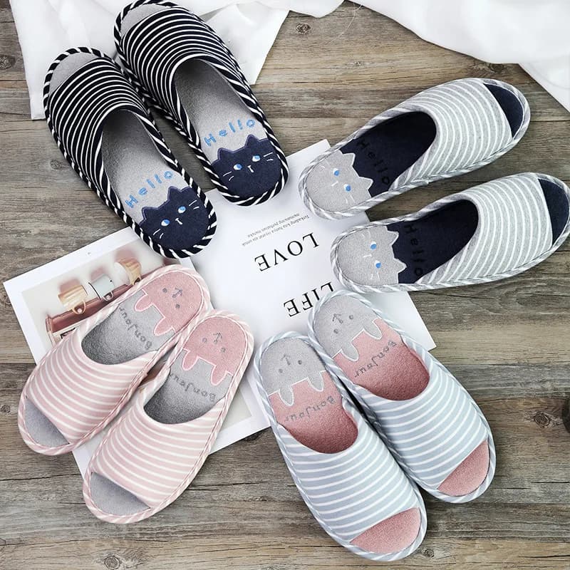Home Slippers Soft Bottom Indoor Striped Cartoon Couples Floor Mats Spring Summer Casual Comfortable Cotton Toe-Open Slip...