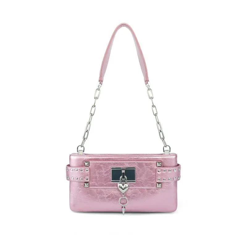 Y2K Hot Girl Envelope Bag,Studded Heart Lock&Key Pendant,Silver Chain Crossbody Shoulder Underarm Purse,Cute Edgy Handbag Women