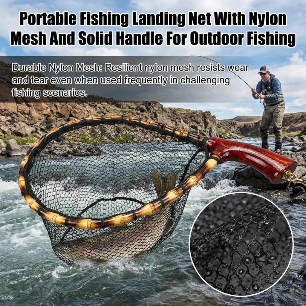 Guadino da Pesca Portatile con Rete in Nylon Gommato e Manico in Legno Massello per Pescatori d'Acqua Dolce e Salata, Facile da Trasportare e Riporre