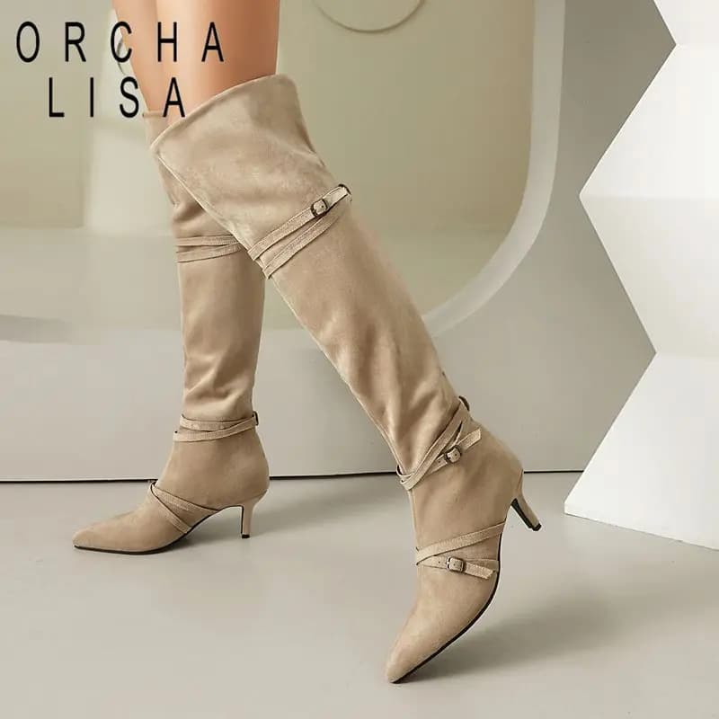 ORCHA LISA Hot Flock Suede Women Thigh Boots Pointed Toe 6.5cm Thin Heels Double Wear Sexy Over Knee High Bota Big Size 45 Fall
