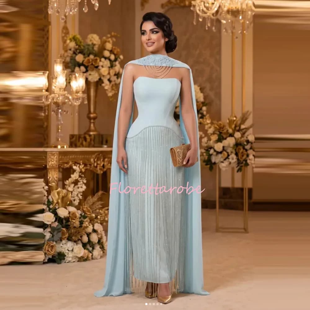 Muslim Evening Dresses for Arabian Shawl Strapless Pleat Wedding Guest Dresses Robe Soiree Luxury Tassel Prom Gowns Customized