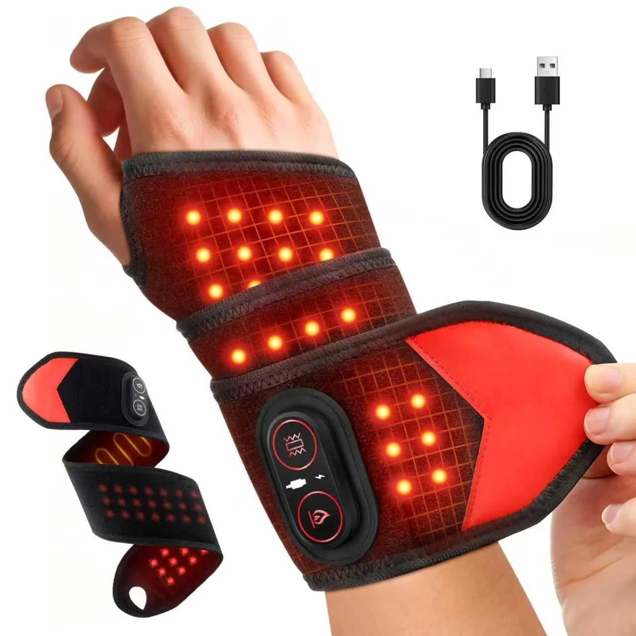 Portable Red Light Therapy Wrap 660nm 850nm LED Light Therapy Wrist Brace with Heating and Vibration Massage Rechargeable Cordless Joint Support for Wrist Neck Knee Ankle Sports Recovery Relaxation Office Use Warm Therapy Pad Flexible Adjustable Design fo