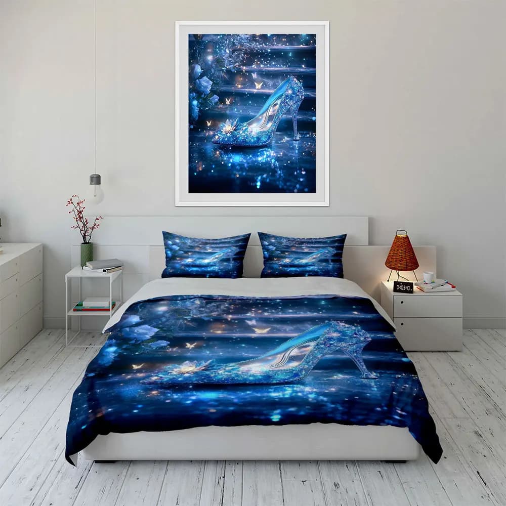 Set Decorativo in Cristallo a Forma di Scarpetta, Set Biancheria da Letto con 1 Copripiumino e 2 Federe, Singolo, Matrimoniale, King, Queen, Regalo