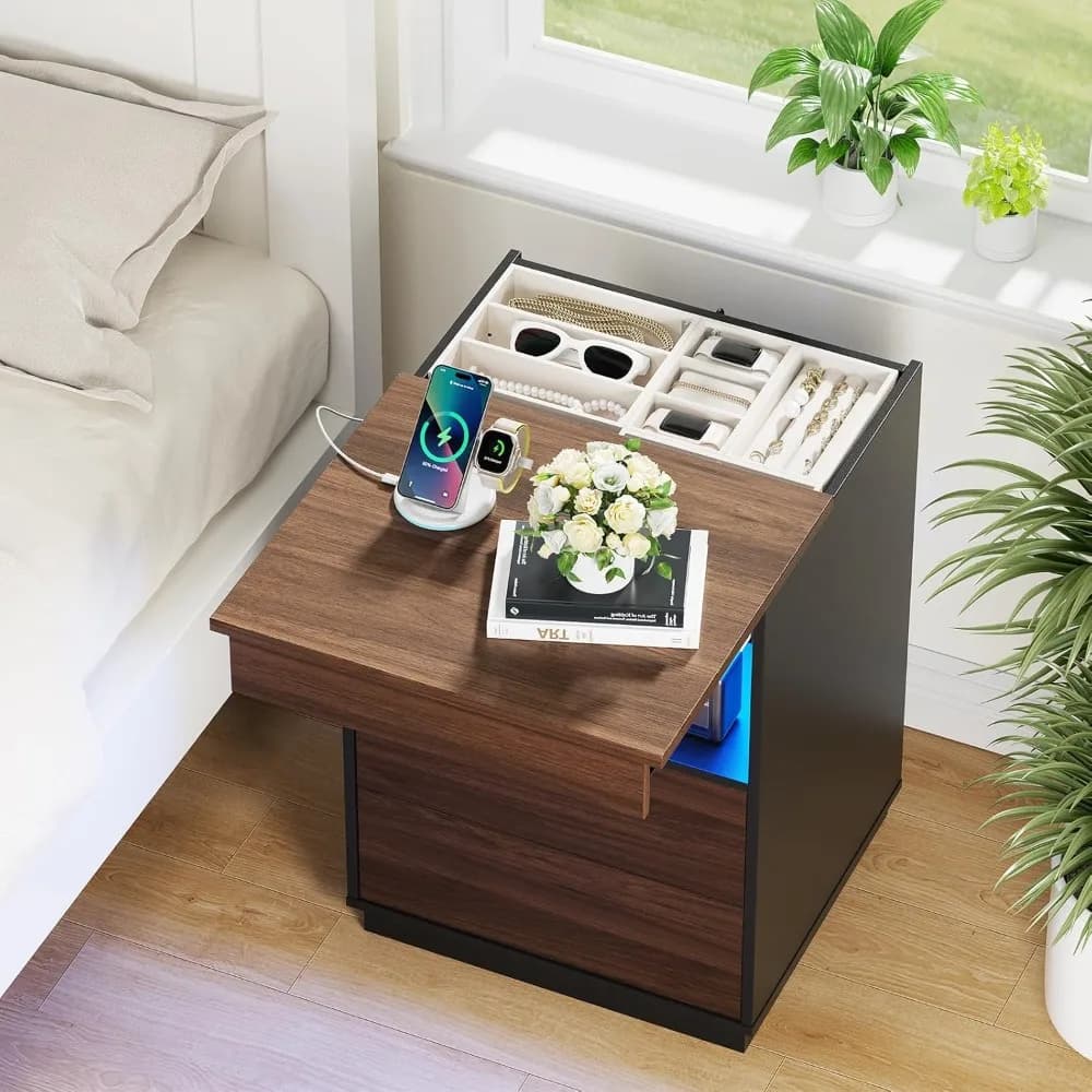 Comodino Moderno con Vano Nascosto, Stazione di Ricarica USB/Type-C, Cassetto con Serratura per Armi, Luci LED per Camera da Letto, Personalizzabile