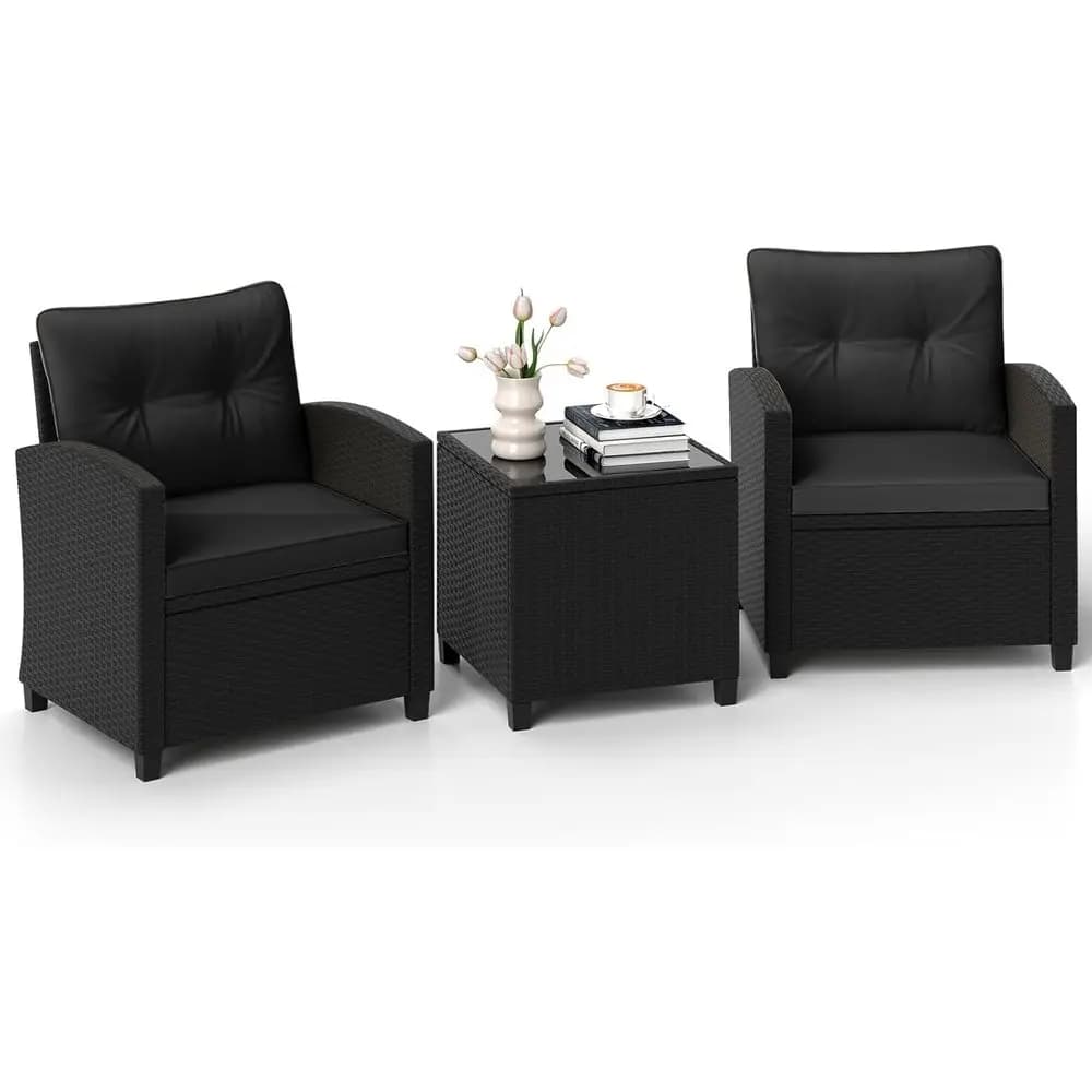 Set di mobili da giardino in 3 pezzi: sedie da esterno in vimini con cuscini e tavolino in vetro per balcone, terrazza e giardino (Nero)