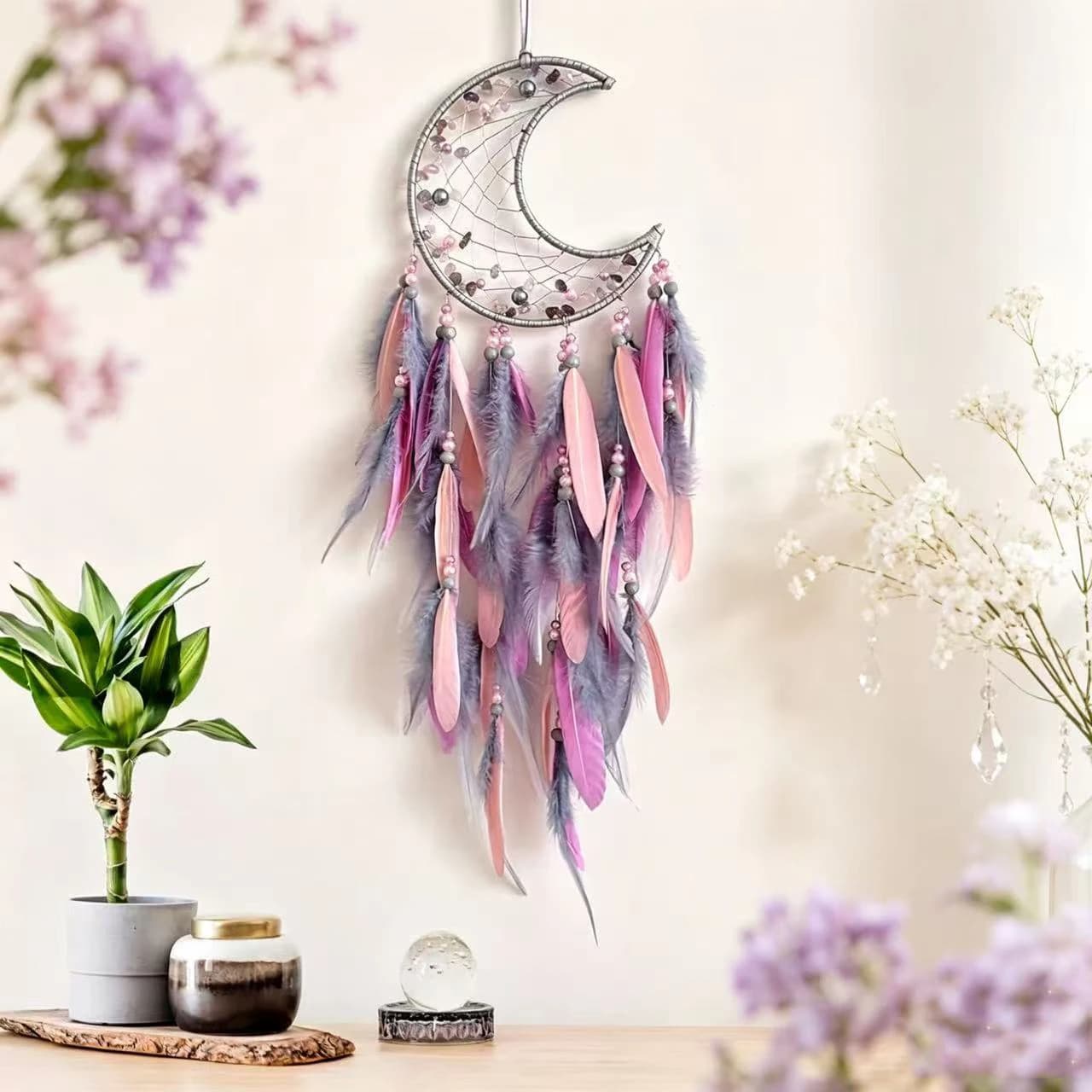 Handmade Crescent Moon Crystal Stone Dream Catcher Feather Wind Chimes Wall Hanging Ornaments Dreamcatcher Gift Home Decor