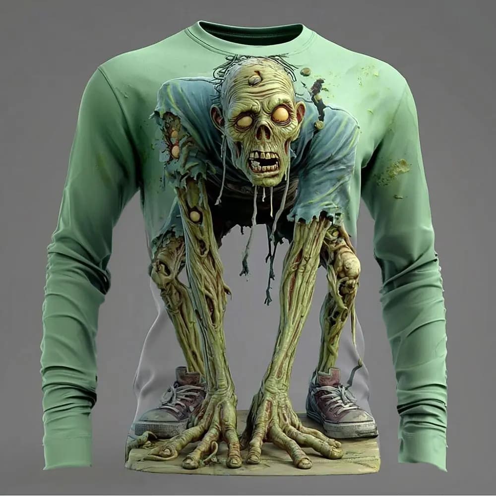 Halloween Zombie 3D Print Men's Long Sleeve T-Shirt in Green, 3D Crawling Monster Top for Spooky Costume Cosplay Party Gift Tops