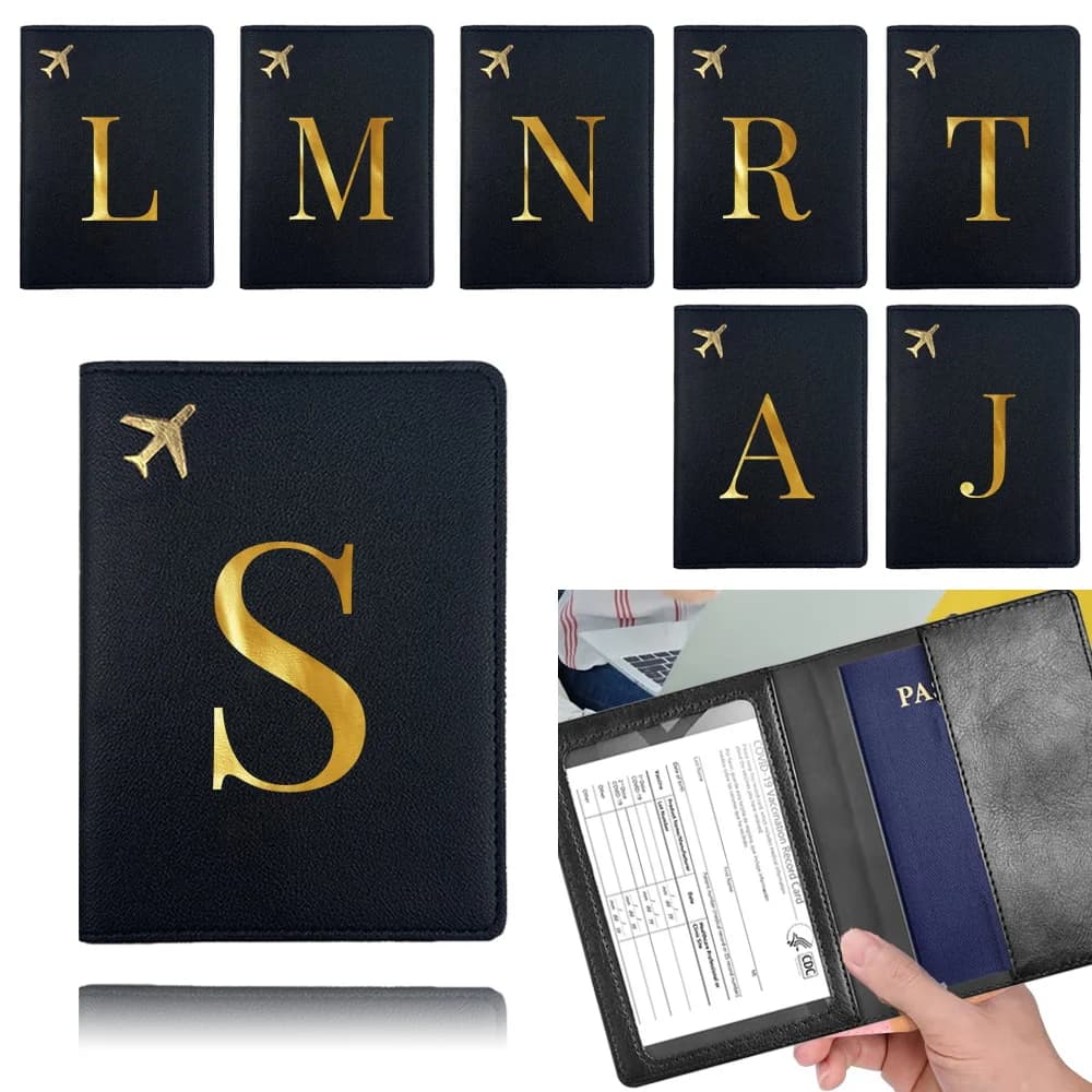 Custodia per passaporto da viaggio portatile Donna Uomo Custodia per organizer per carte di credito Copertina per passaporto da viaggio per aereo in PU con motivo a lettera dorata