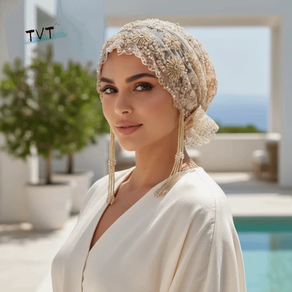Shiny Beads Turban Hat Long Tassel Flower Embroidery Indian Headscarf Sheer Mesh Pre-tied Fishtail Cap Travel Vacation