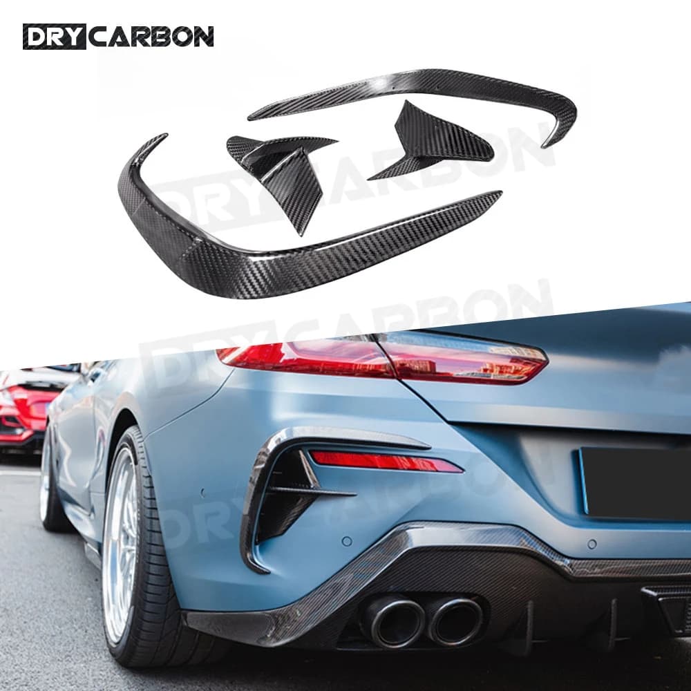 Separatori laterali della copertura del diffusore dello spoiler del labbro posteriore in fibra di carbonio a secco per BMW Serie 8 G14 G15 G16 M Sport 2018 2019 2020 2021