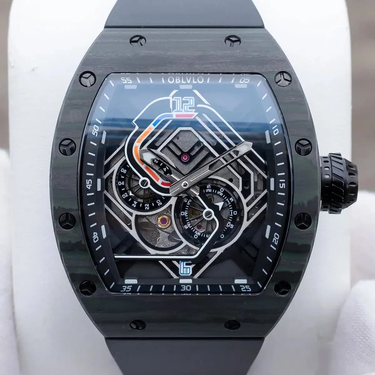 OBLVLO Orologio automatico da uomo 43mm Cassa meccanica tonneau Orologio da polso Scheletro Quadrante da corsa 50M Impermeabile luminoso Miyota 82S7