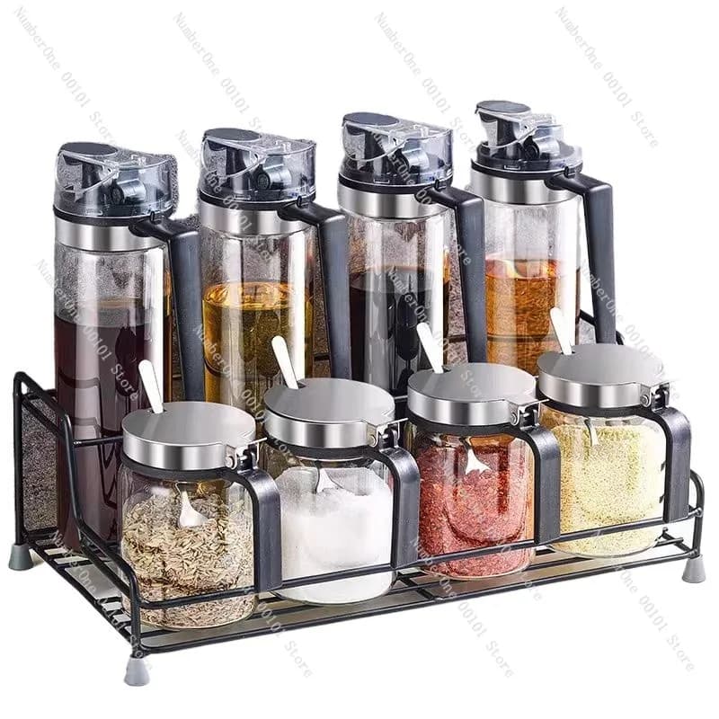 Set di Contenitori per Spezie da Cucina, Bottiglia per Olio e Organizzatore per Spezie, Contenitori per Sale, MSG, Pepe, Accessori Multiuso