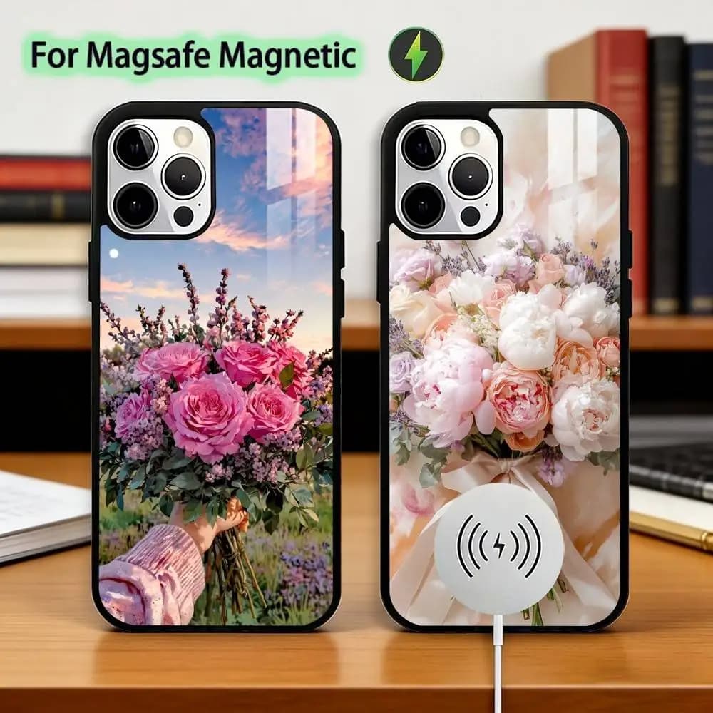 Elegante Cover per iPhone con Peonia e Fiore, Compatibile con iPhone 17, 16, 15, 14, 13, 12, 11 Plus, Pro, Magnetica con Ricarica Wireless Magsafe