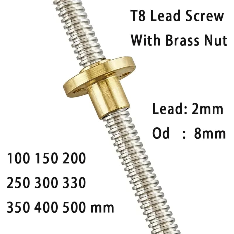 T8 Lead Screw with Brass Nut OD 8mm Lead 2mm Pitch 2mm 100-500mm Polished Threaded Rod for 3D Printer CNC Reprap Z Axis Linear