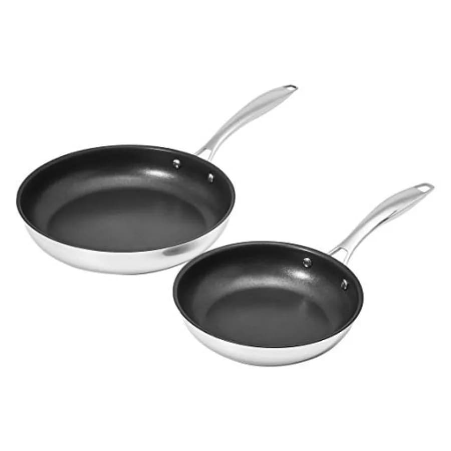 Set di 2 Padelle Antiaderenti in Acciaio Inox, Adatte al Forno e Compatibili con l'Induzione, con Manici Isolanti, 10 e 8 Pollici