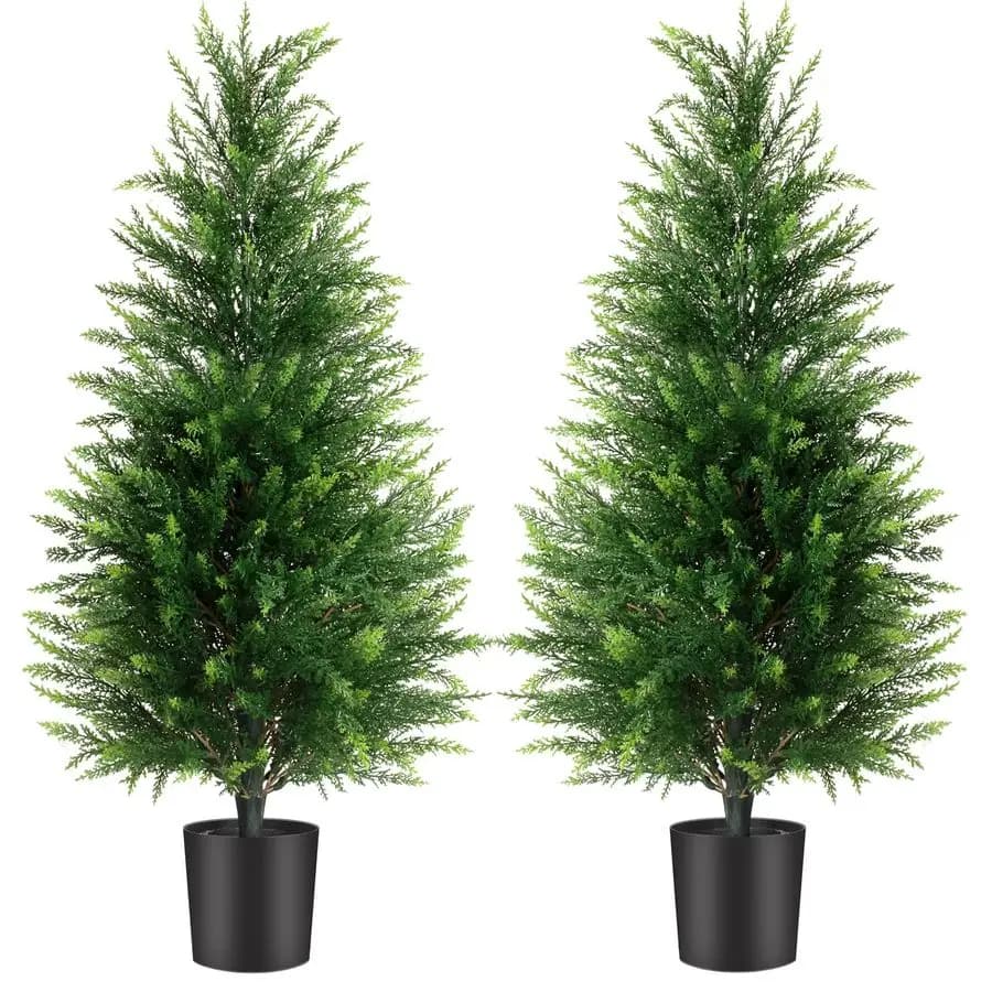 Artificial Cedar Trees (Pack 2), Exterior Fin Plants with UV Protection, Realistic Artificial Cypresses in Vase