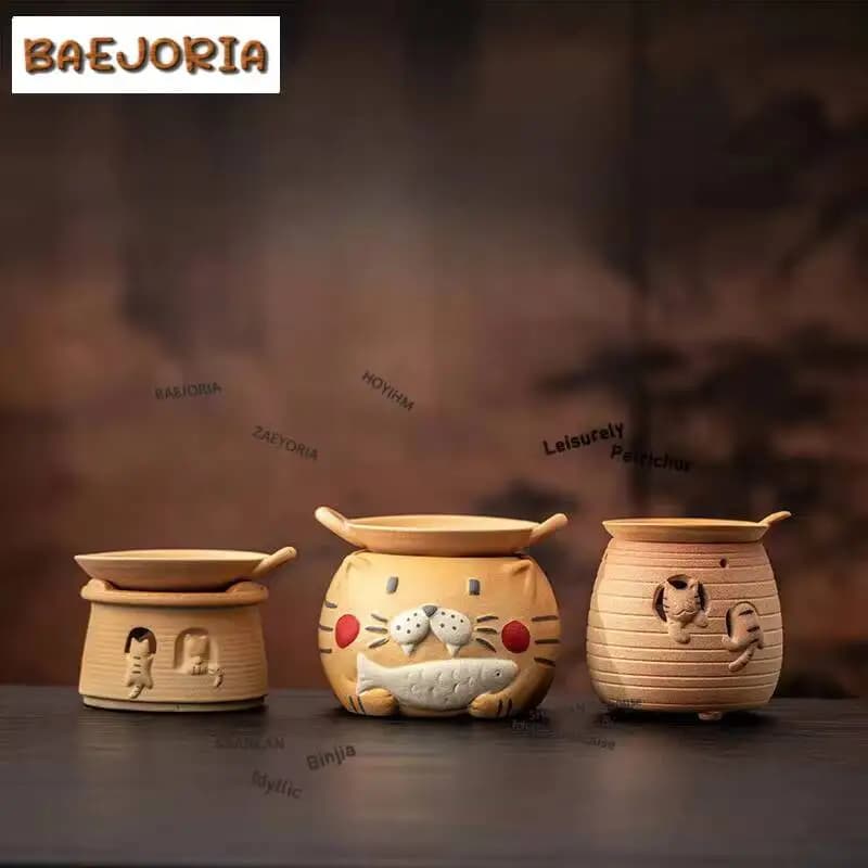 Coarse Pottery Cute Cat Tea Warmer Holder Candle Heater Stove Kettle Stand Baked Milk Jar Carbon Furnace Tea Items Accessories