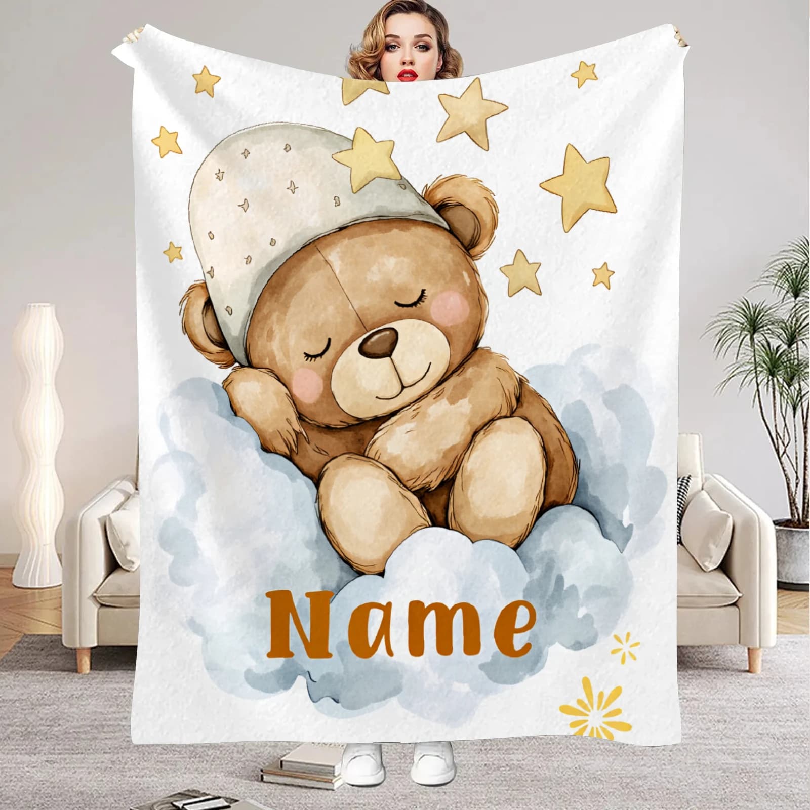 Coperta in flanella personalizzata con orsetto dormiente e nome, per bambini e bambine, morbida, regalo di compleanno, decorazione per letto e divano.