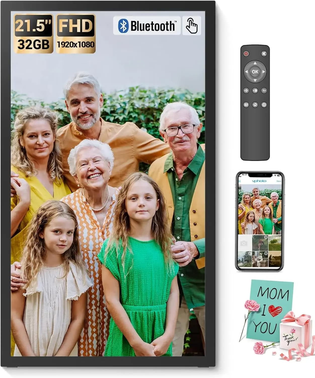 Cornice digitale grande con touchscreen da 21,5 pollici, altoparlante Bluetooth con cornice per foto digitale extra large WiFi 1920x1080 FHD 32 GB