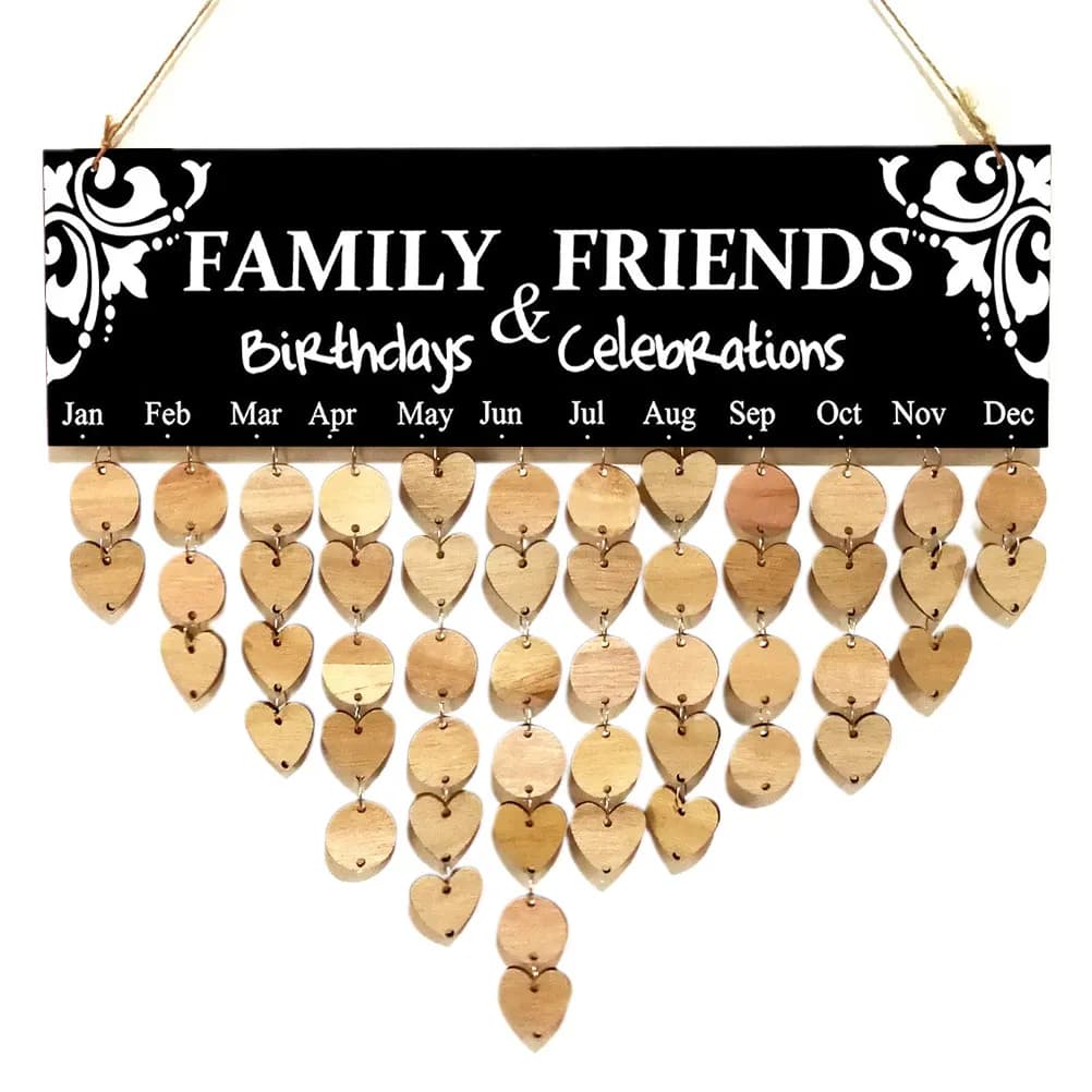 102Pcs Family Birthday Calendar Board Wooden DIY Wall Hanging Organizer with Heart Round Discs Iron Wire Hemp Rope Home Office