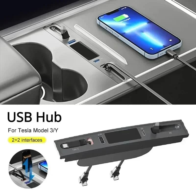 Docking Station for Tesla Model 3 Y, Fast Charger 27W, USB Hub, Central Console Extension, Intelligent Sensor Accessories 2021-2023