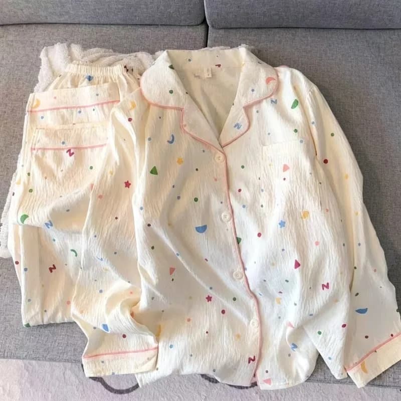 Pajamas Set for Women Korean Style Moon Dot Print Harajuku Style Kawaii Casual Women Pajamas Autumn Winter New Soft Homewear