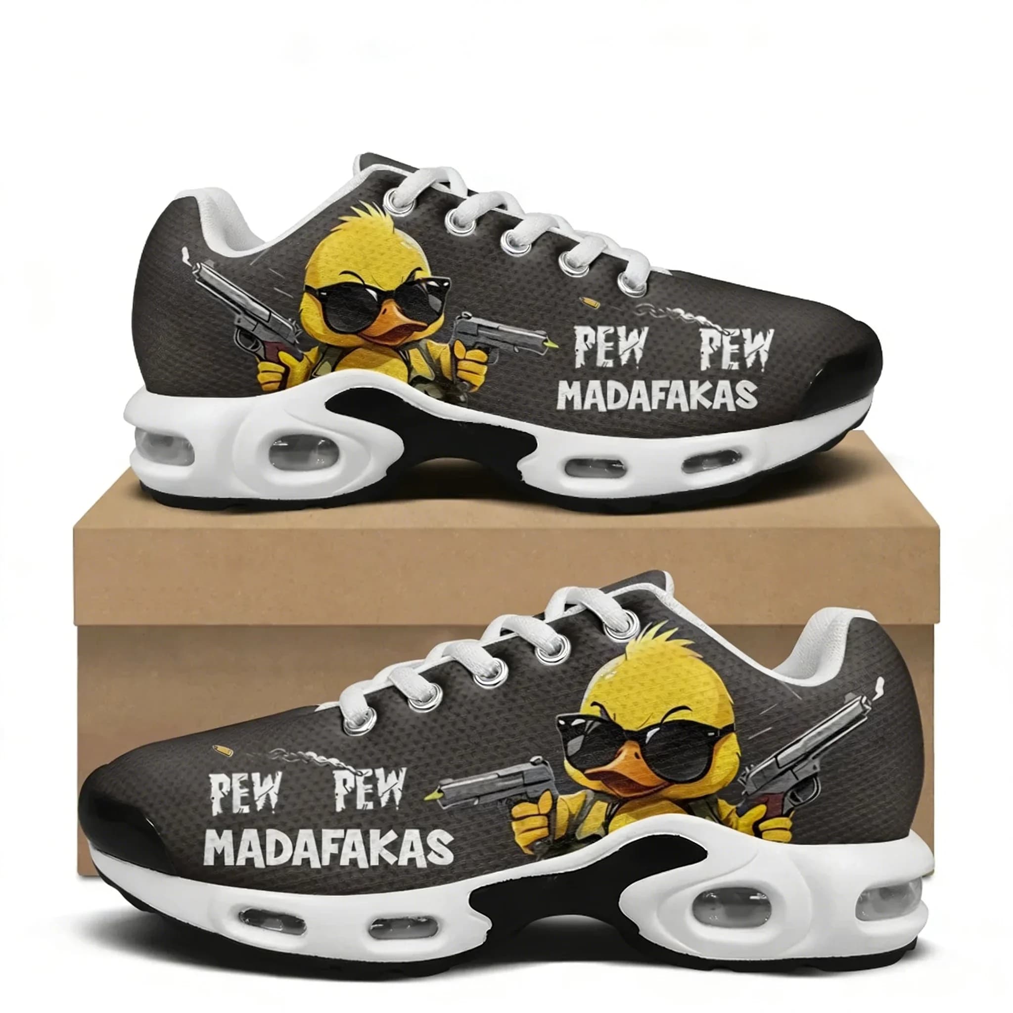 Scarpe da trekking e corsa casual con cuscino d'aria e motivo divertente Pew Pew Madafakas da uomo e da donna, scarpe da alpinismo personalizzate