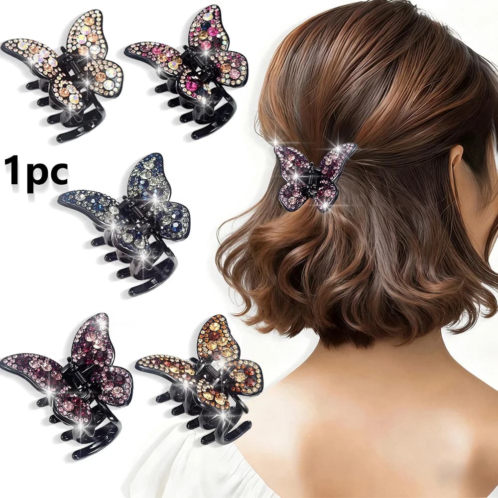 1 pezzo di nuova e lussuosa molletta per capelli in acrilico con strass a forma di farfalla, molletta per capelli a forma di farfalla con strass colorati alla moda da donna, molletta a forma di squalo, adatta per l'uso quotidiano e per le feste.