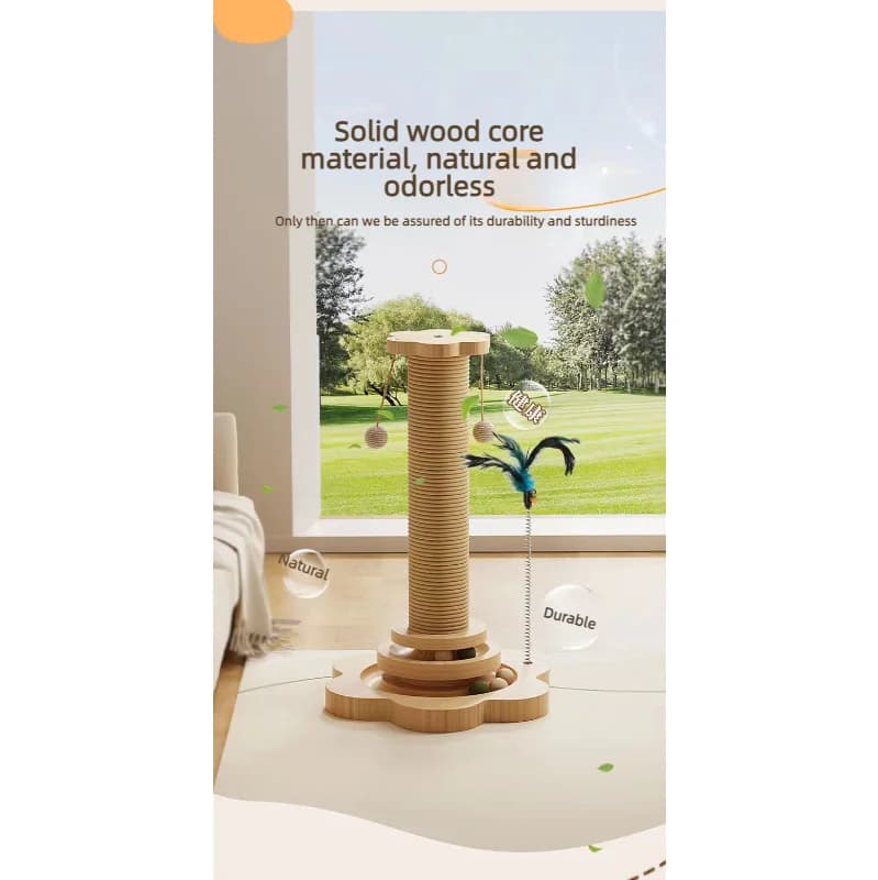Nature Wood Cat Scratcher Board Rotating Platform Cat Tree Stand Wooden Fiber Chew Toy Durable Non‑Sisal Ball Pet Play Toy For I