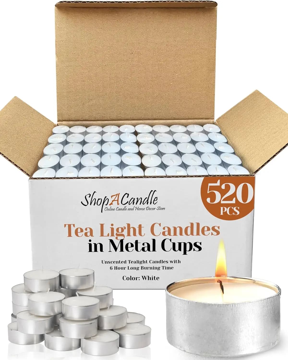 520 Candele Tea Light Bianche Senza Profumo in Contenitori Metallici - Durata di 6 Ore