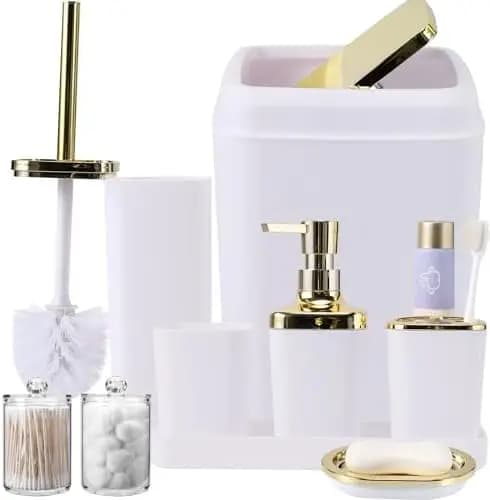 Set da bagno bianco da 9 pezzi con cestino per rifiuti, dispenser per sapone e altro ancora - Kit completo di accessori da bagno per la casa