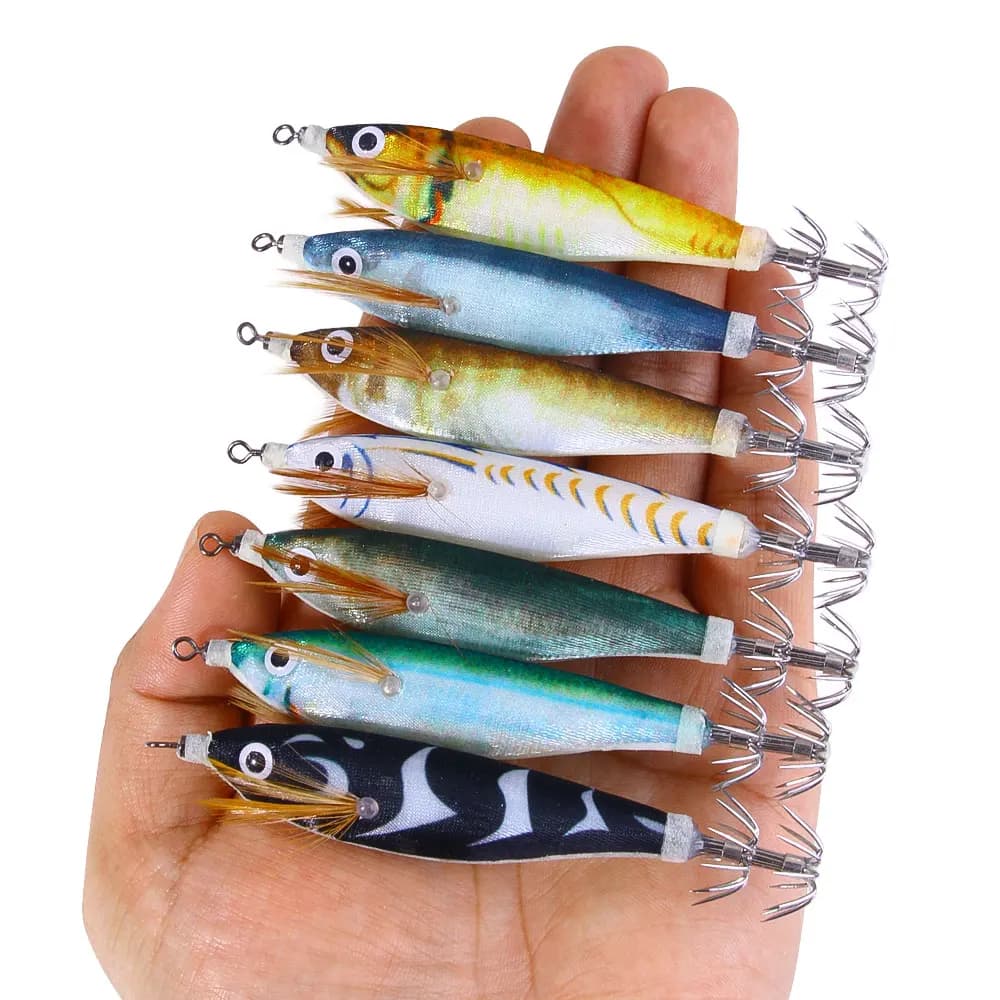 Set di 14 esche luminose per calamari da 9,8 cm 9g, esche a gambero fosforescenti, esche orizzontali per seppie con scatola porta attrezzi per la pesca all'ottopoco