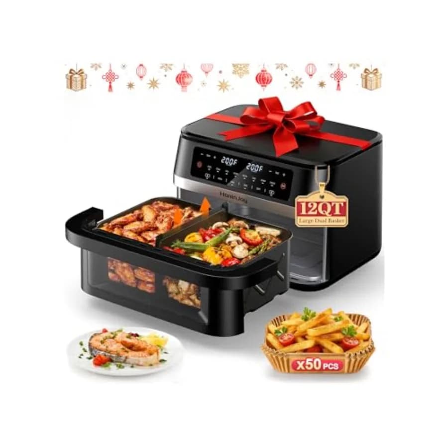 Friggitrice ad Aria 12QT Flex Dual Basket con Finestra di Visualizzazione e 50 Fogli di Carta Antiaderente, Pannello Digitale 12-in-1 con Sincronizzazione Doppia Luce e Doppio Zono