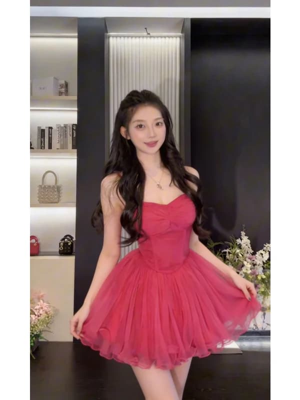 Princess Style Detachable Shoulder Strap Dress Sweet Heart Thin Waist Design Polyester Material Summer Season Short Skirt
