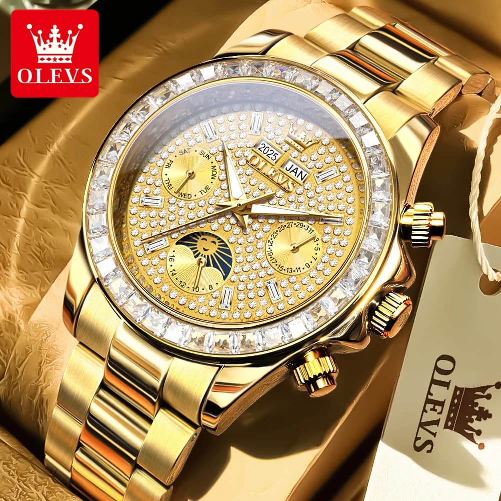 OLEVS 7038 Orologio automatico completamente con fasi lunari e diamanti per uomo Orologio da polso meccanico luminoso con calendario impermeabile in acciaio inossidabile
