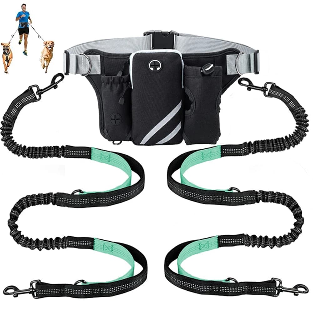 2026 Hands Free Dog Leash For 2 Dogs With Water Poop Bag Holder Cell Phone Pouch Reflective Elastic Extendable Dog Leash Waist