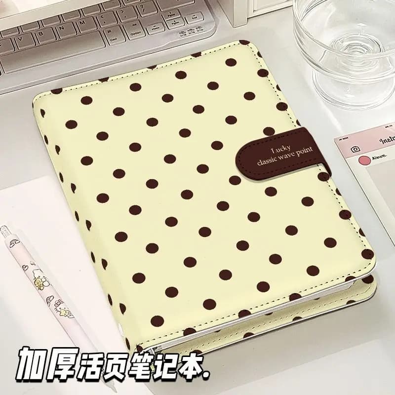 Yellow Polka Dot Print A5A6 Loose Leaf Binder Notebook PU Leather Magnetic Snap Cartoon Journal Planner for Students School