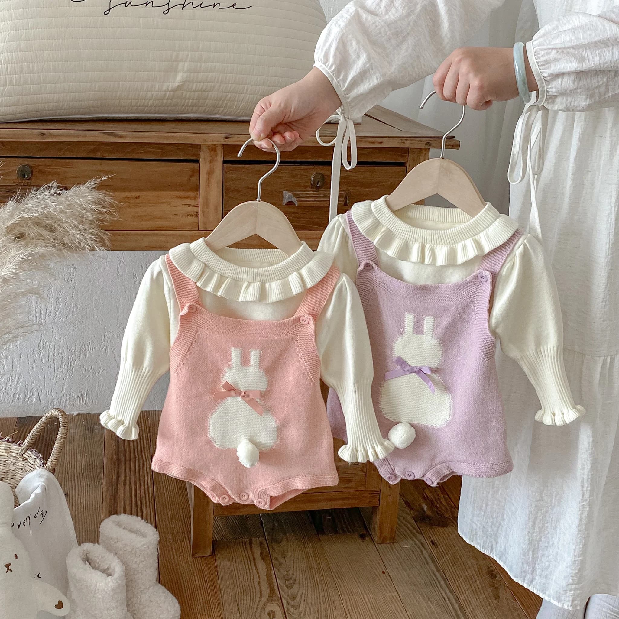 Kids Autumn and Winter Sweater Dress, knitted top coat set for baby girl with cute rabbit