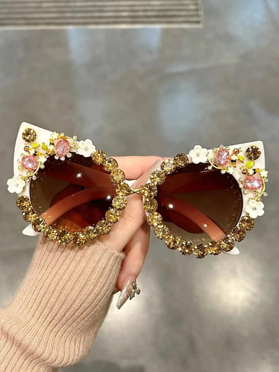 Womens Cat Eye Sunglasses With Rhinestone And Floral Decor Ombre Lens Fashion Accessories