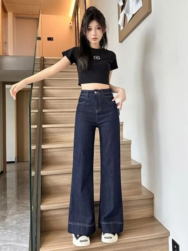 High Waist Wide Leg Denim Blue Jeans Women's Spring Summer New Style Loose Straight Cut Trousers Vintage Washed Casual Jeans