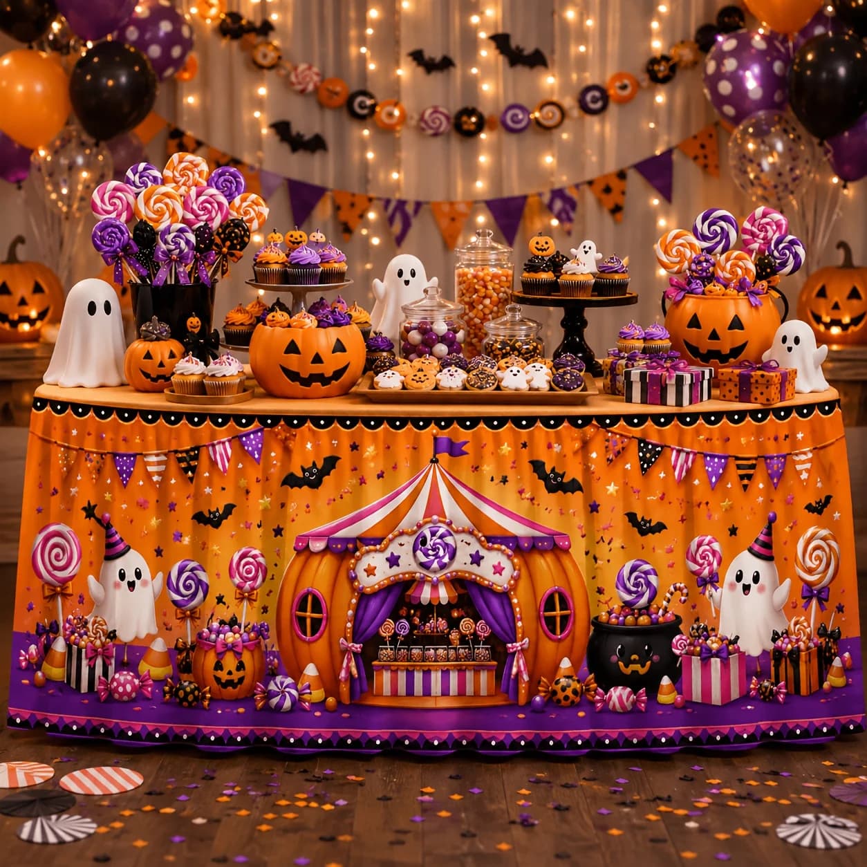 One tablecloth or table skirt. Polyester. Cute Halloween pumpkin candy stand ghost frying pan stick candy bat.