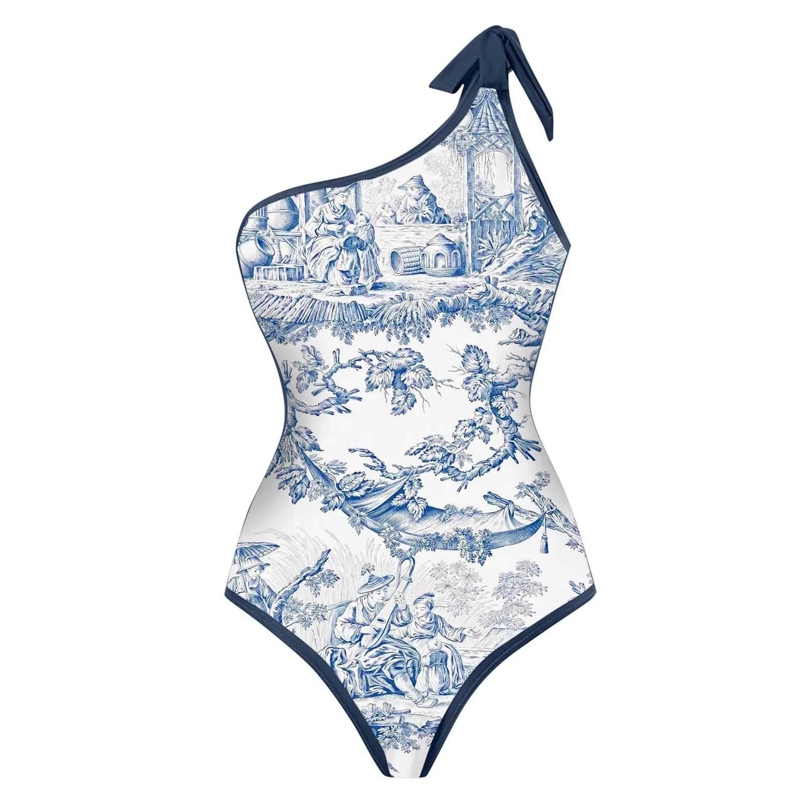 Bikini Tankini da Donna Blu e Bianco con Stampa Toile, Costume da Bagno Monospalla con Gonna a Balze, Halter Neck e Vita Alta