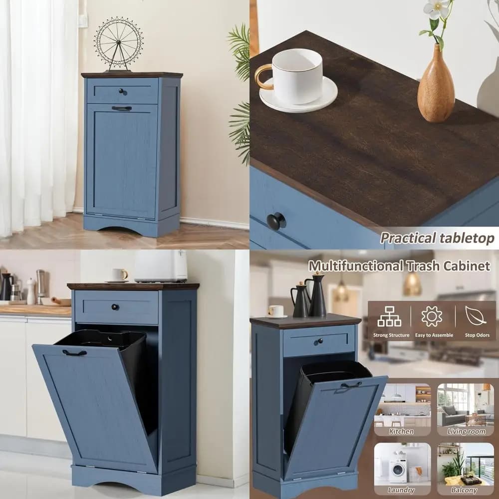 Mobiletto per Rifiuti da Cucina in Legno con Funzione di Riciclaggio e Nascondiglio, Blu