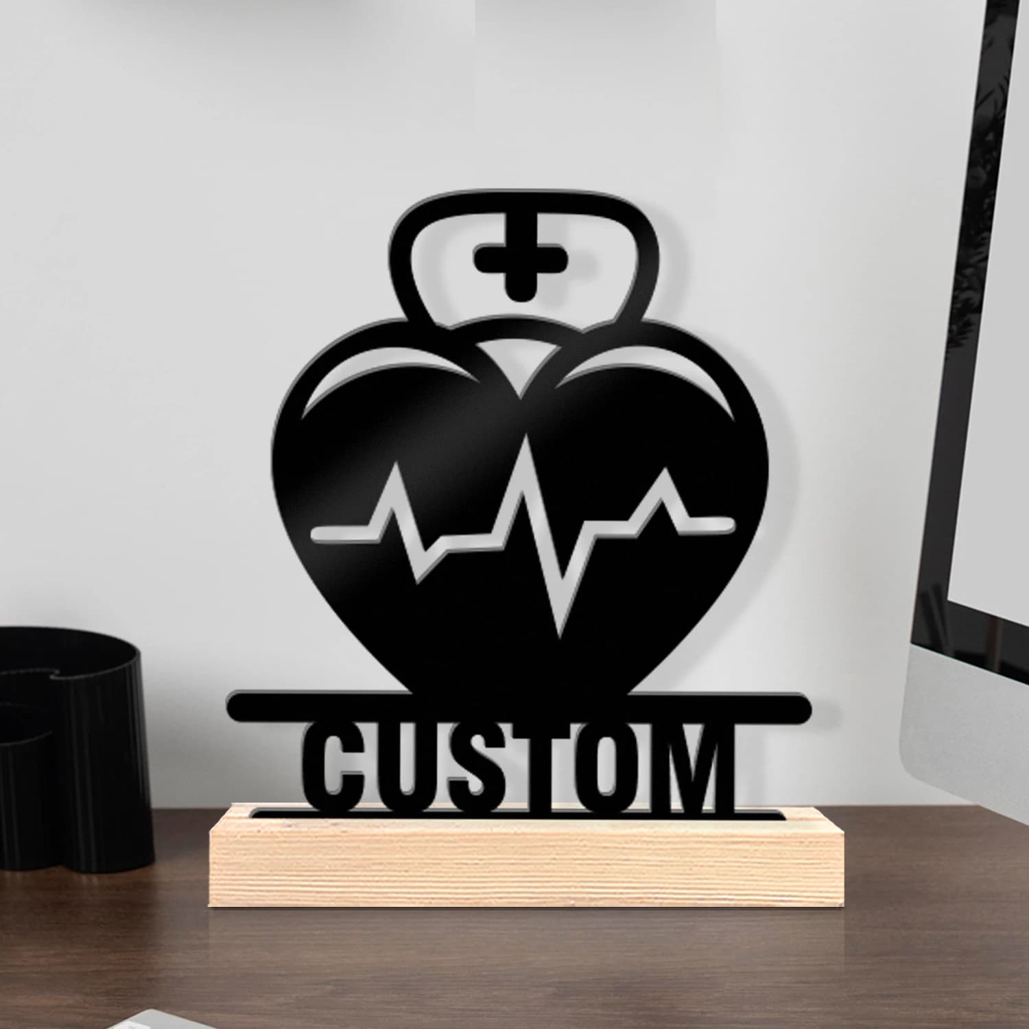 1pc Interesting Metal Desktop Decoration Customizable Content Equipped with A Wooden Base Home or Office Decorations