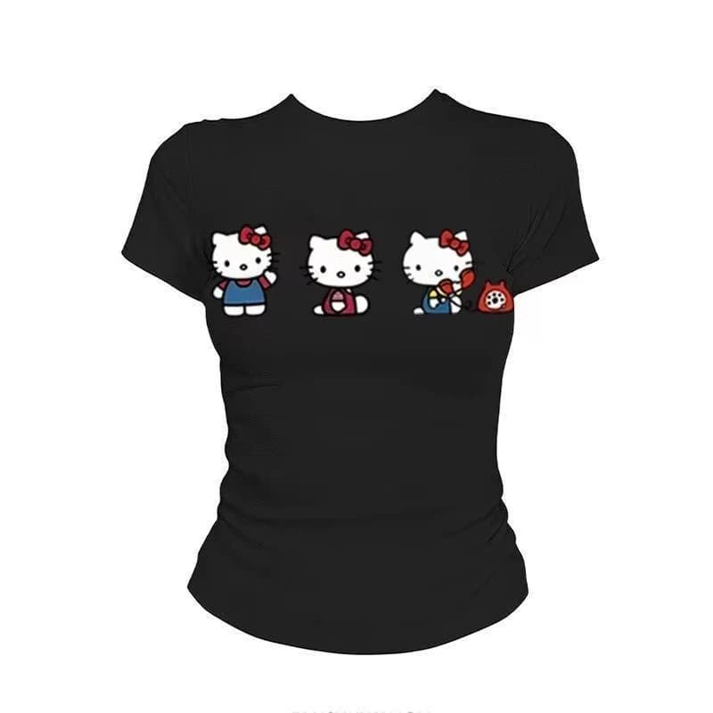 Women's T-shirt Anime Sanrio Hello Kitty short sleeves in red anngora, summer print for students, trendy textures, cartoon fashion