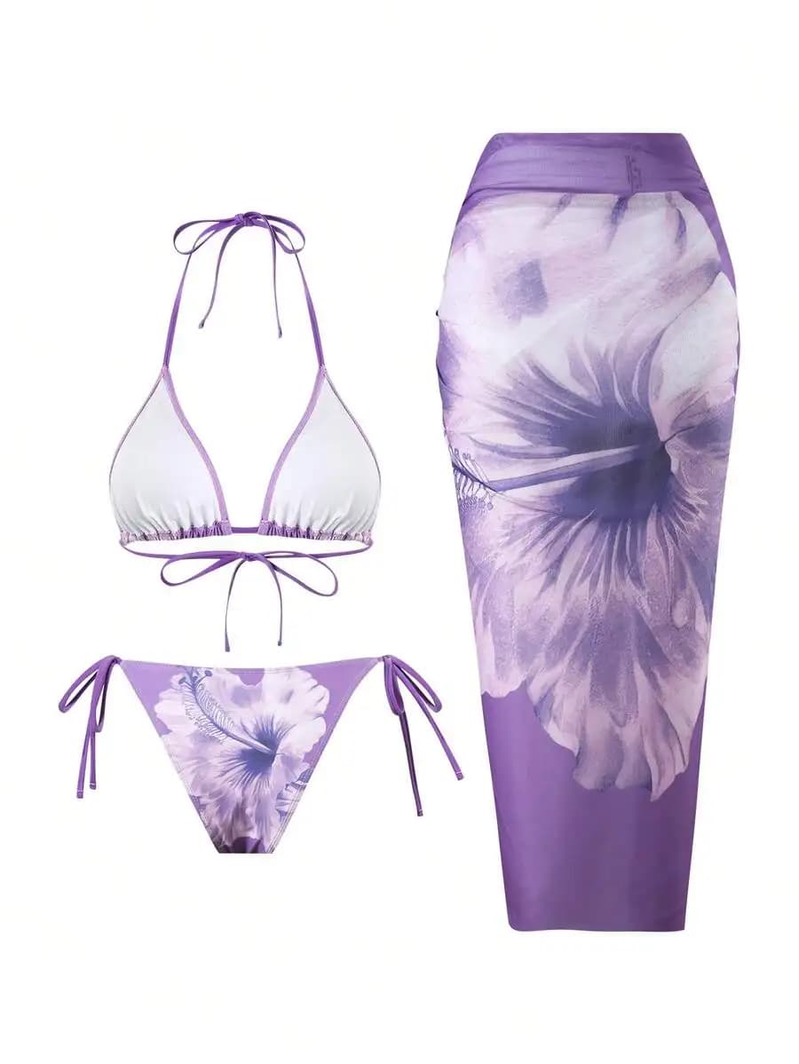 Women Floral Print Bikini Set And Mesh Tie-Front Beach Dress Bohemian Holiday Style